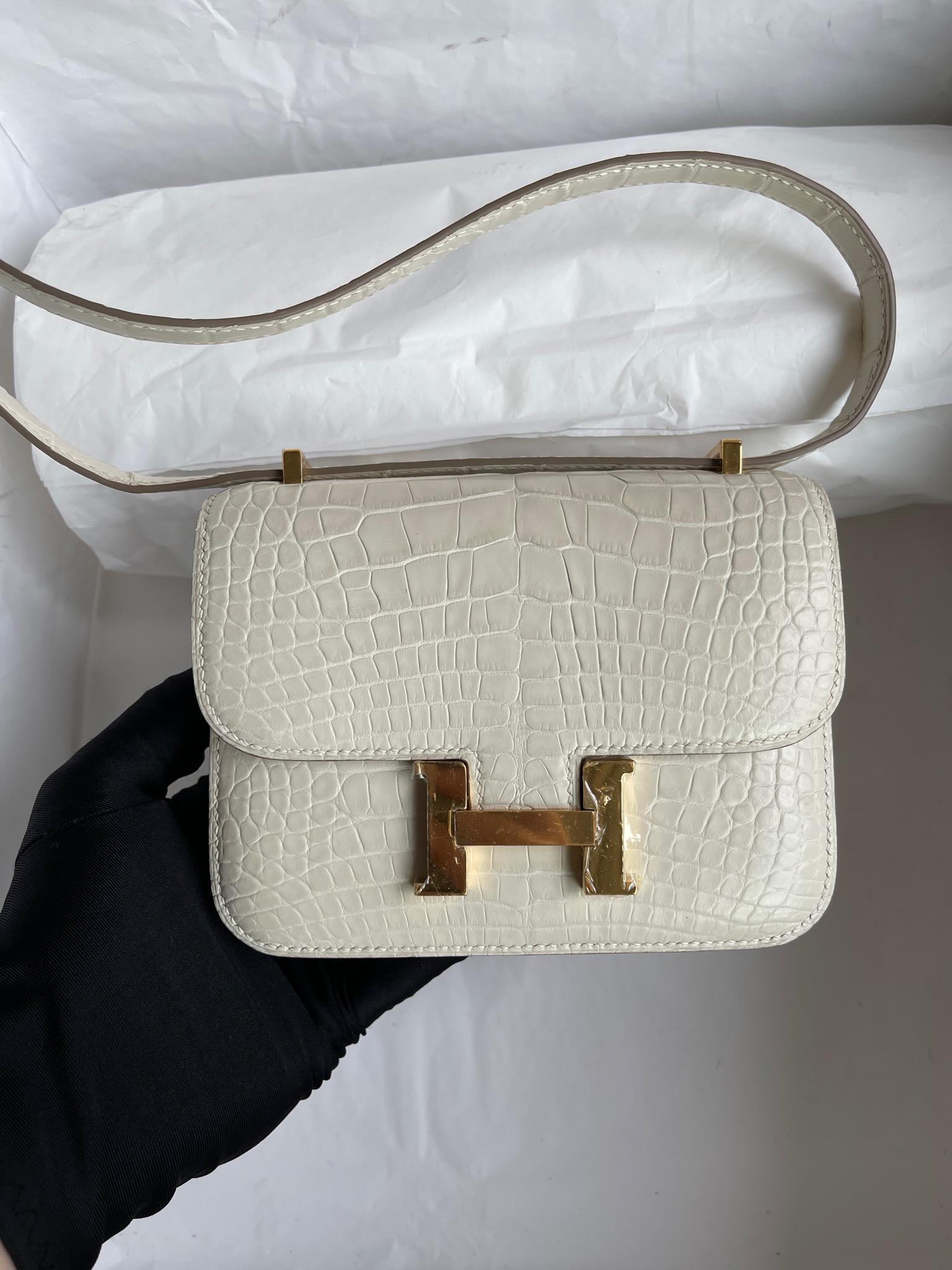 Hermès（爱马仕）Constance 14cm Alligator matt 雾面鳄鱼 8L 奶油白 beton 金扣 顶级手缝