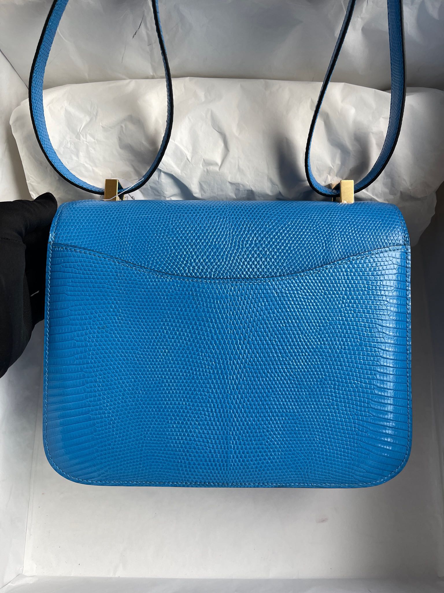 Hermès（爱马仕）Constance 康康 Lizard 进口亮面蜥蜴 7Q 希腊蓝 金扣 24cm 顶级手缝