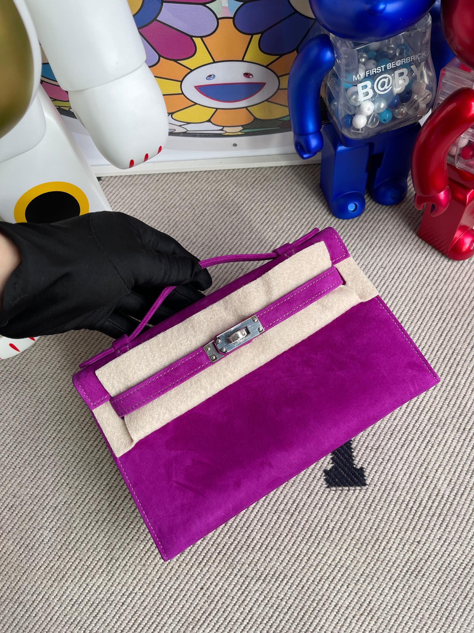 Hermès（爱马仕）Mini kelly pochette 麂皮 紫色 银扣 22cm 晚宴包 顶级手缝
