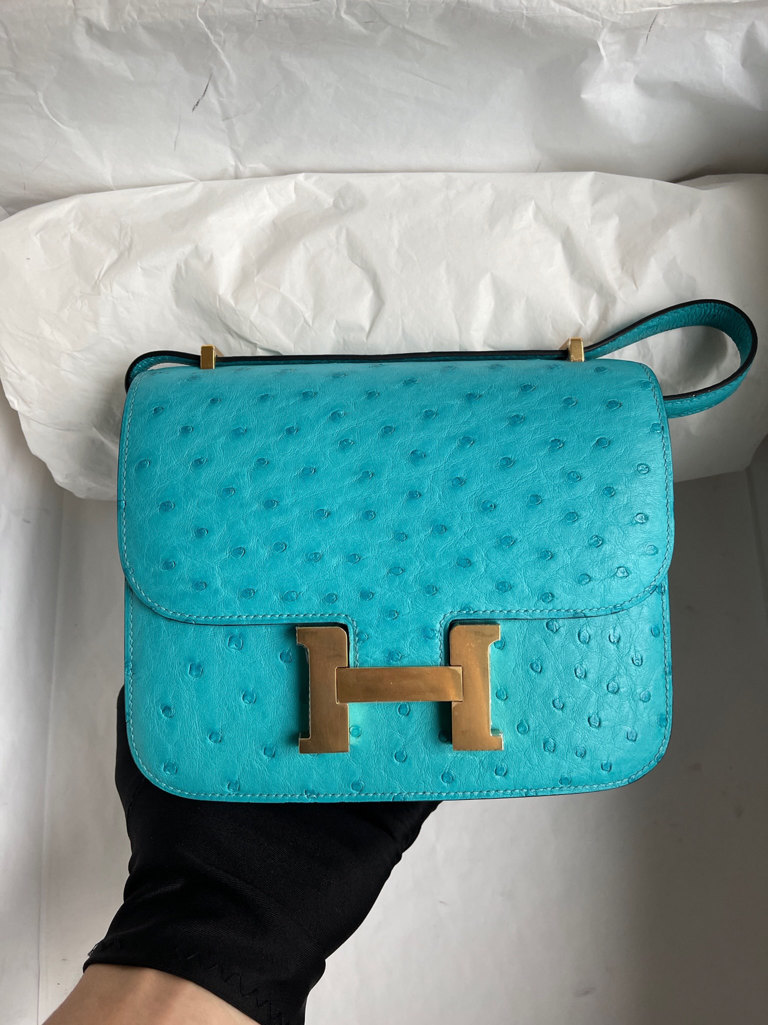 Hermès（爱马仕）Constance 康康  Ostrich kk鸵鸟 7F 孔雀蓝 金扣 18cm 顶级手缝