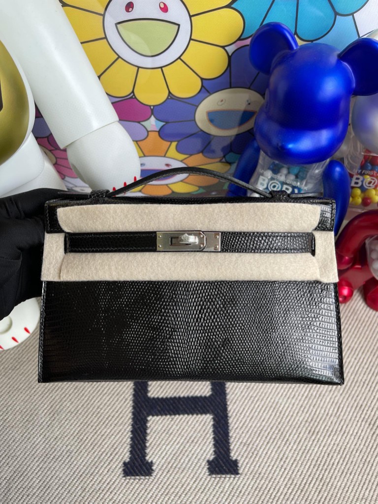 Hermès（爱马仕）Mini pochette Lizard 进口亮面蜥蜴 ck89 黑色 Noir 银扣 22cm 顶级手缝