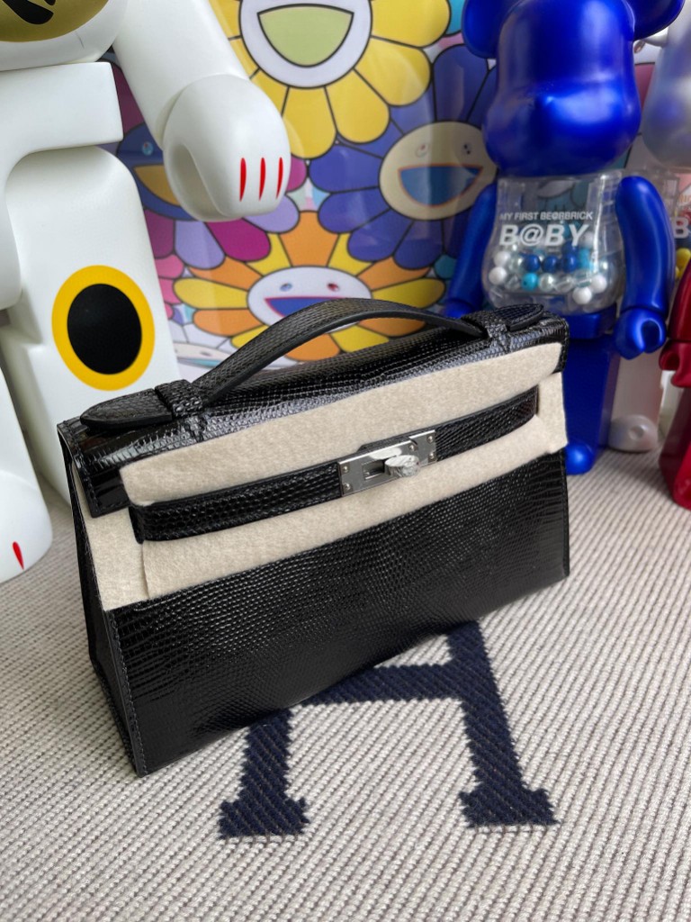 Hermès（爱马仕）Mini pochette Lizard 进口亮面蜥蜴 ck89 黑色 Noir 银扣 22cm 顶级手缝