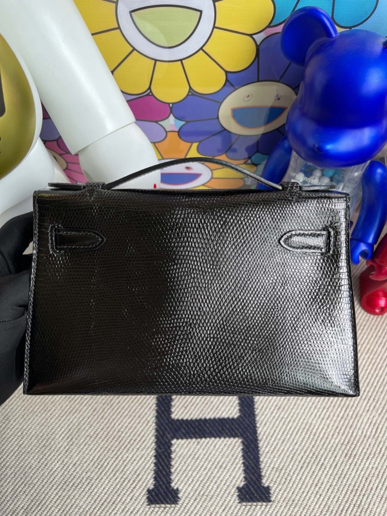 Hermès（爱马仕）Mini pochette Lizard 进口亮面蜥蜴 ck89 黑色 Noir 银扣 22cm 顶级手缝