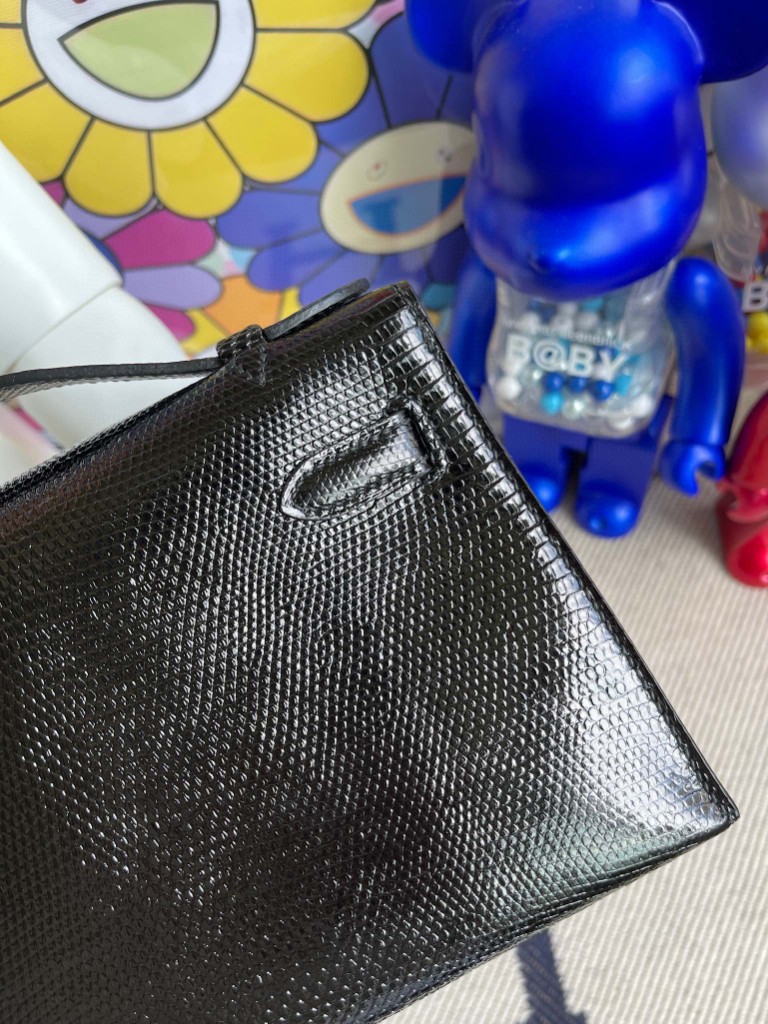 Hermès（爱马仕）Mini pochette Lizard 进口亮面蜥蜴 ck89 黑色 Noir 银扣 22cm 顶级手缝