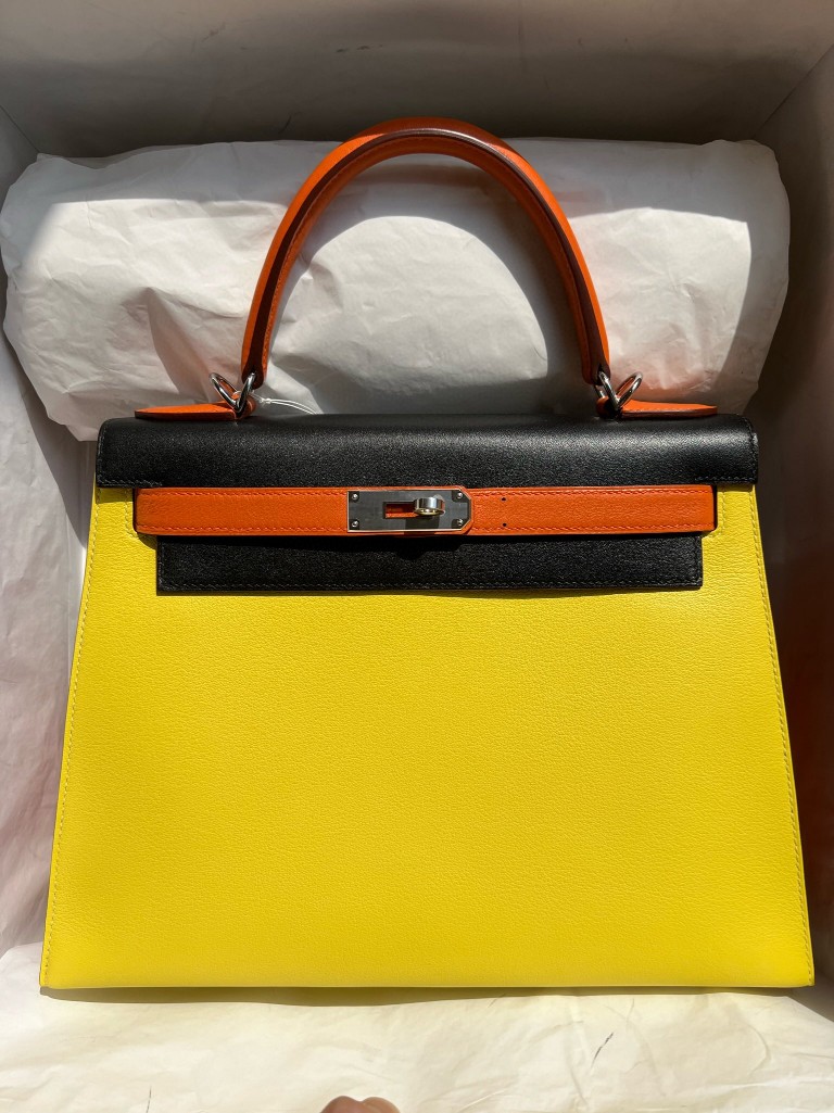 Hermès（爱马仕）Kelly 凯莉包 Swift 柠檬黄 拼 黑色 拼 火焰橙 银扣 马蹄印 28cm 顶级手缝