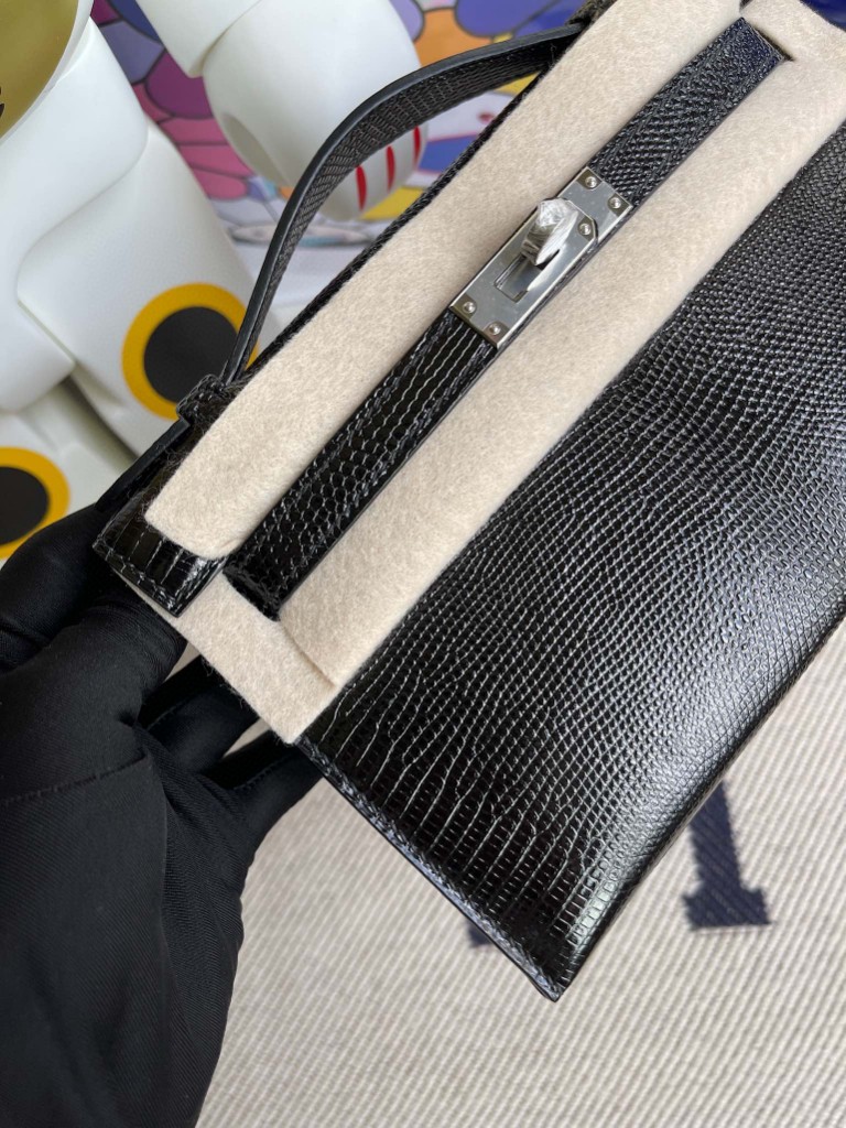 Hermès（爱马仕）Mini pochette Lizard 进口亮面蜥蜴 ck89 黑色 Noir 银扣 22cm 顶级手缝
