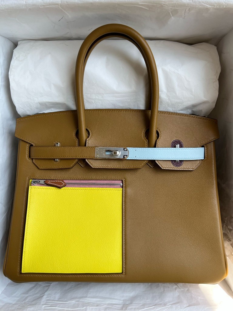 Hermès（爱马仕）Birkin 铂金包 colormatic swift 金棕色 拼 黄色 小牛皮包袋 30cm