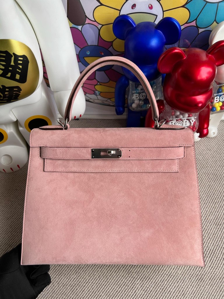 Hermès（爱马仕）kelly 凯莉包 麂皮 粉色 银扣 28cm 顶级手缝