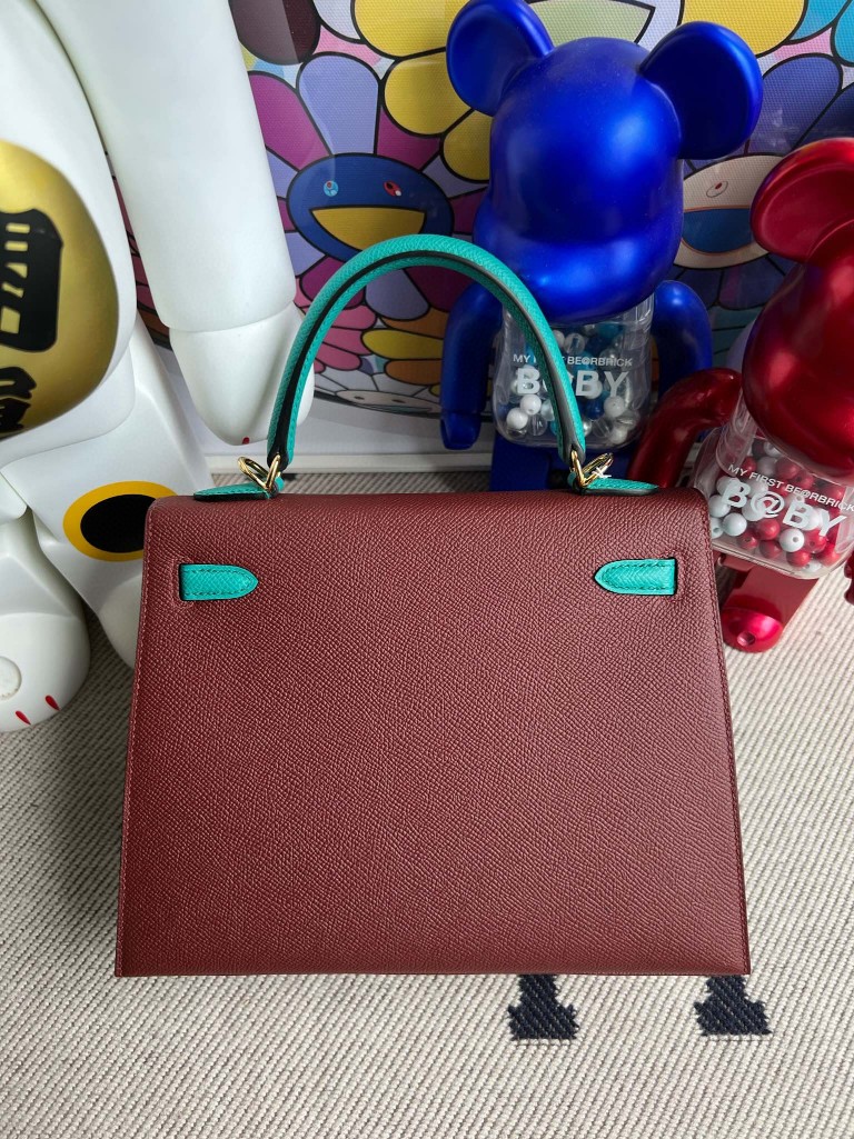 Hermès（爱马仕）Kelly 凯莉包 Epsom 原厂掌纹皮 爱马仕红 拼 丝绒绿 金扣 马蹄印 25cm