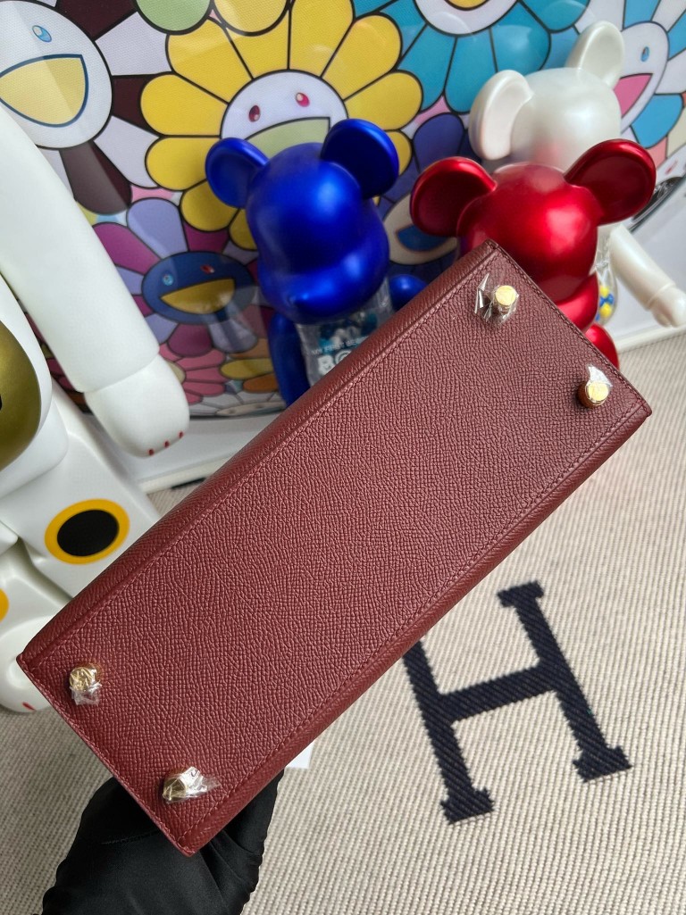 Hermès（爱马仕）Kelly 凯莉包 Epsom 原厂掌纹皮 爱马仕红 拼 丝绒绿 金扣 马蹄印 25cm