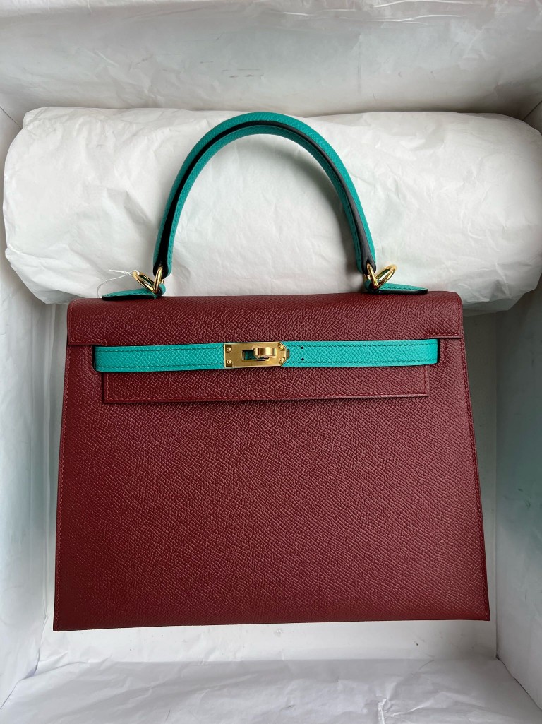 Hermès（爱马仕）Kelly 凯莉包 Epsom 原厂掌纹皮 爱马仕红 拼 丝绒绿 金扣 马蹄印 25cm