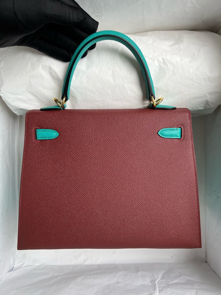 Hermès（爱马仕）Kelly 凯莉包 Epsom 原厂掌纹皮 爱马仕红 拼 丝绒绿 金扣 马蹄印 25cm