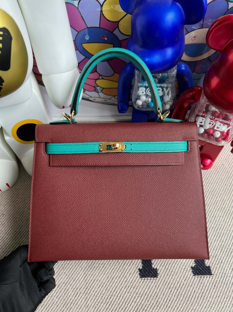 Hermès（爱马仕）Kelly 凯莉包 Epsom 原厂掌纹皮 爱马仕红 拼 丝绒绿 金扣 马蹄印 25cm