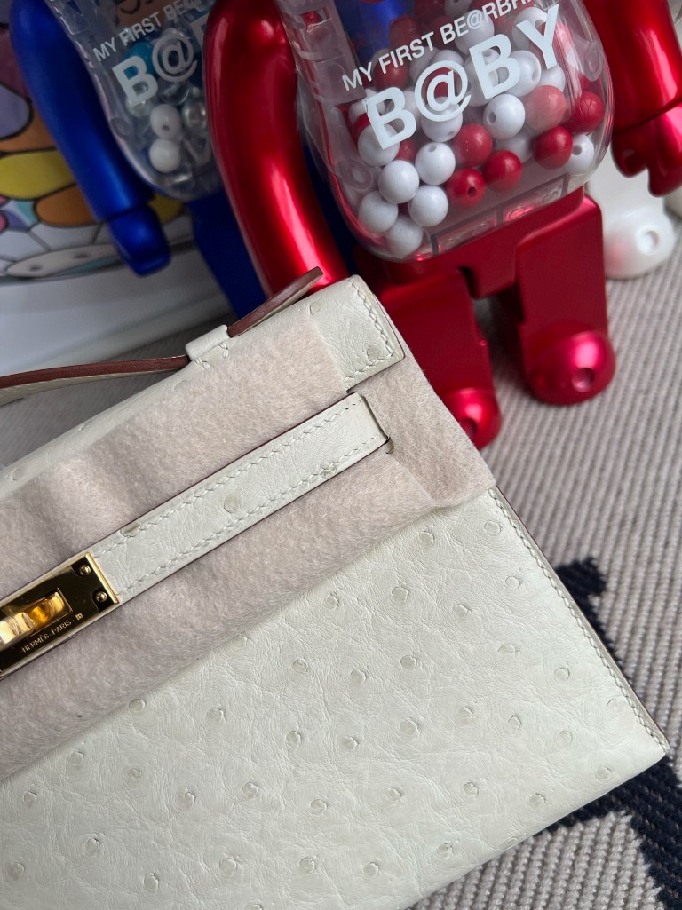 Hermès（爱马仕）Mini pochette Ostrich kk 鸵鸟 3C 羊毛白 金扣 22cm 顶级手缝