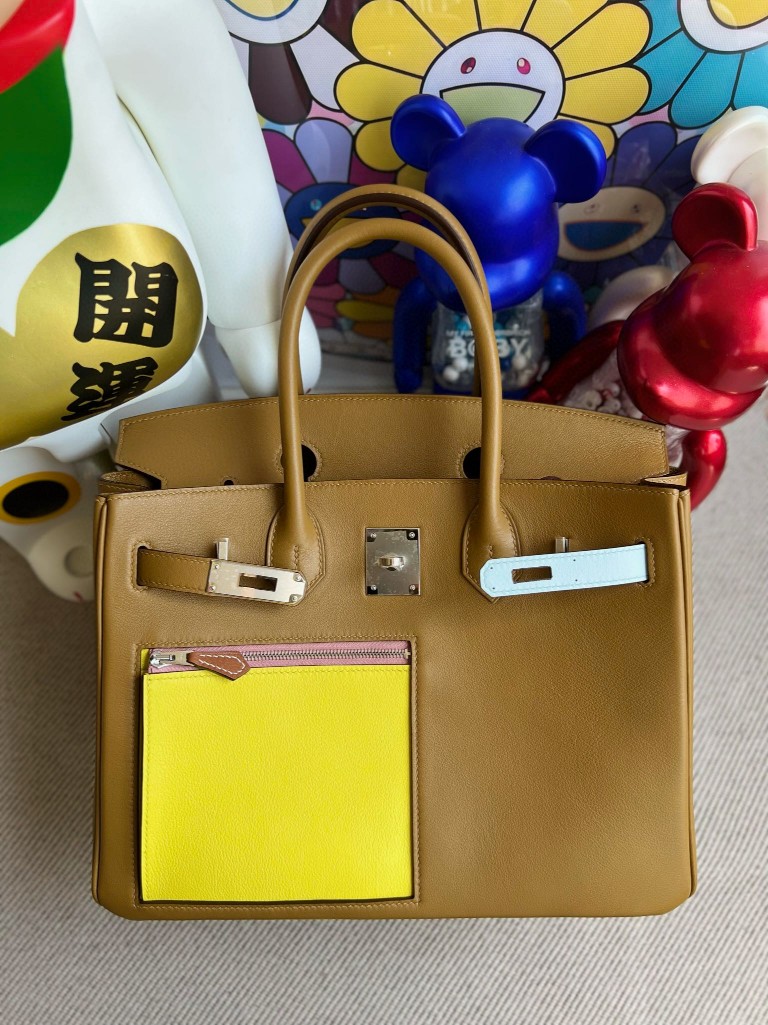 Hermès（爱马仕）Birkin 铂金包 colormatic swift 金棕色 拼 黄色 小牛皮包袋 30cm
