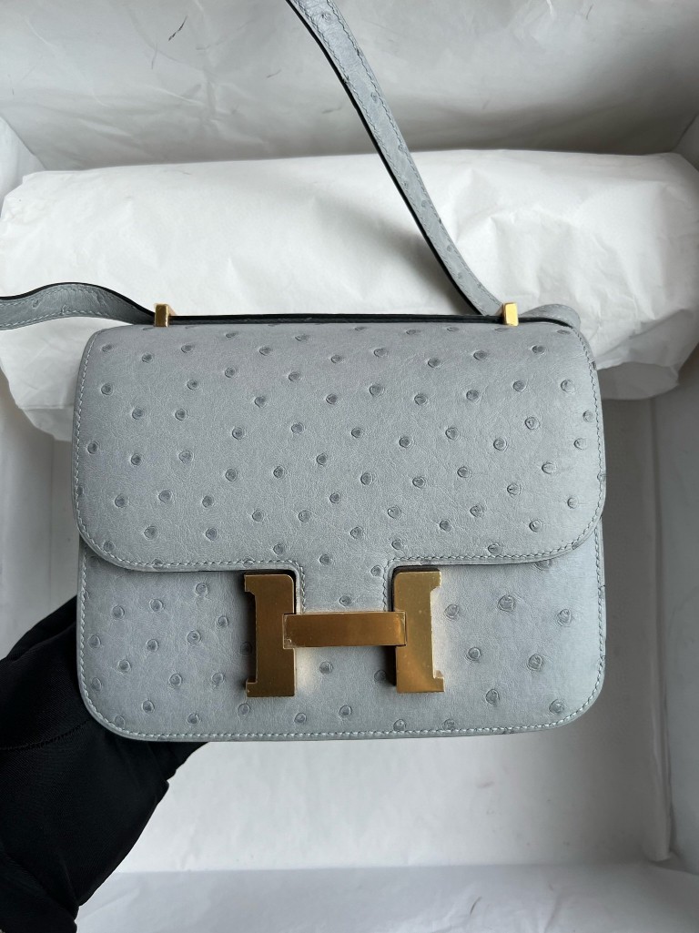 Hermès（爱马仕）Constance 康斯坦斯 Ostrich kk 鸵鸟 8U 冰川蓝 金扣 18cm 顶级手缝