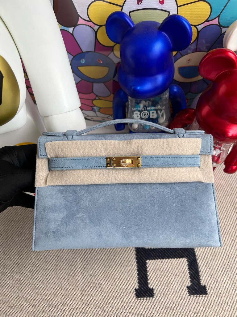 Hermès（爱马仕）Mini pochette 麂皮 蓝色 金扣 22cm 顶级手缝 手拿包 晚宴包