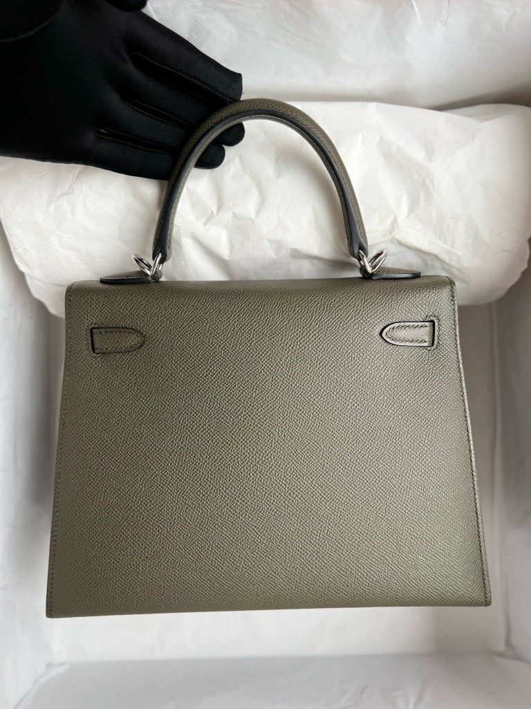 Hermès（爱马仕）Kelly 凯莉包 掌纹皮 Epsom C6 灰绿色 银扣 25cm