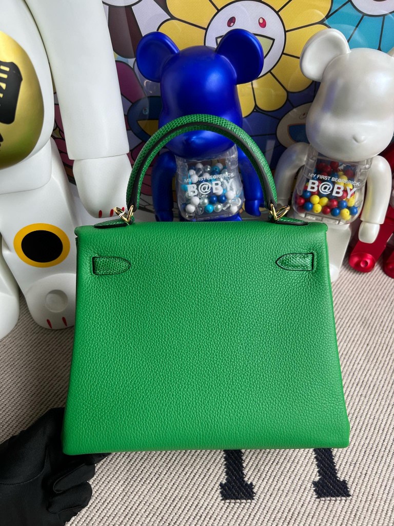 Hermès（爱马仕）Kelly 凯莉包 Touch 系列 竹子绿 Lizard 亮面蜥蜴 金扣 25cm 顶级手缝