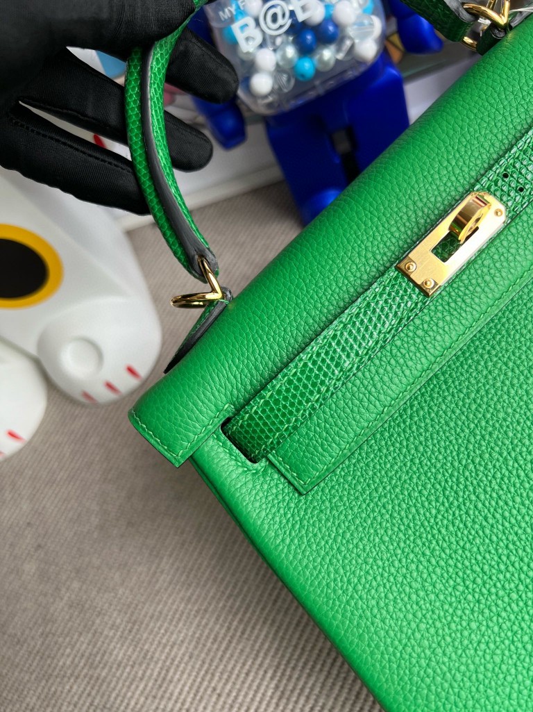 Hermès（爱马仕）Kelly 凯莉包 Touch 系列 竹子绿 Lizard 亮面蜥蜴 金扣 25cm 顶级手缝