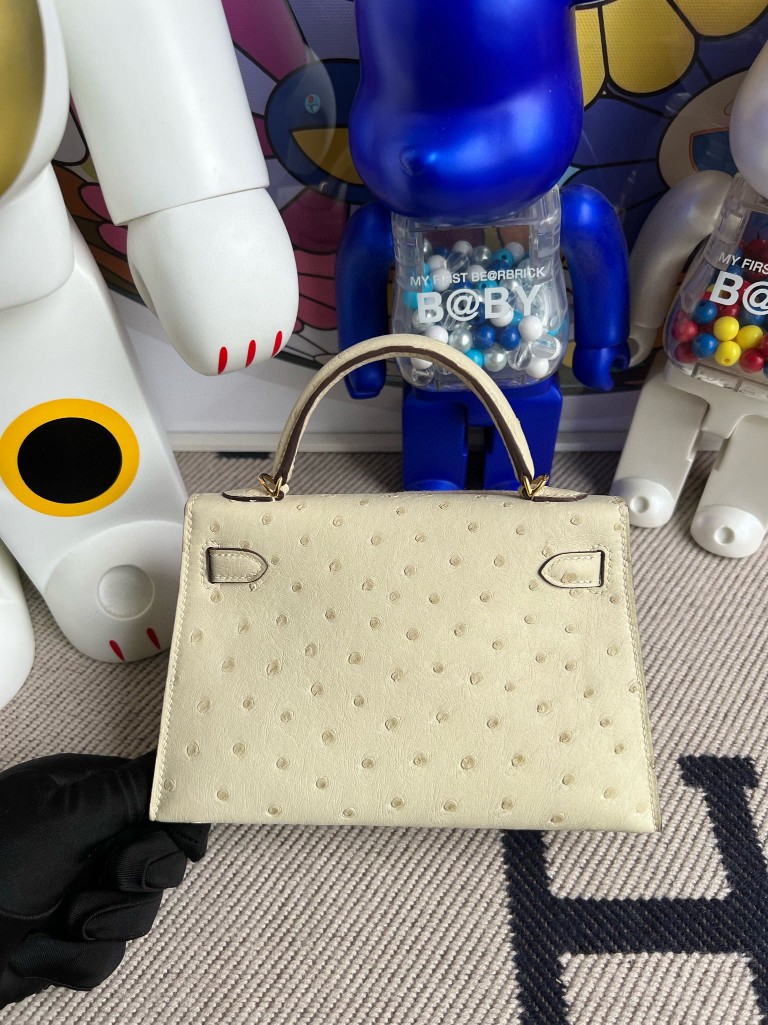 Hermès（爱马仕）Mini kelly ll Ostrich kk 鸵鸟 3C 羊毛白 金扣 19cm 顶级手缝