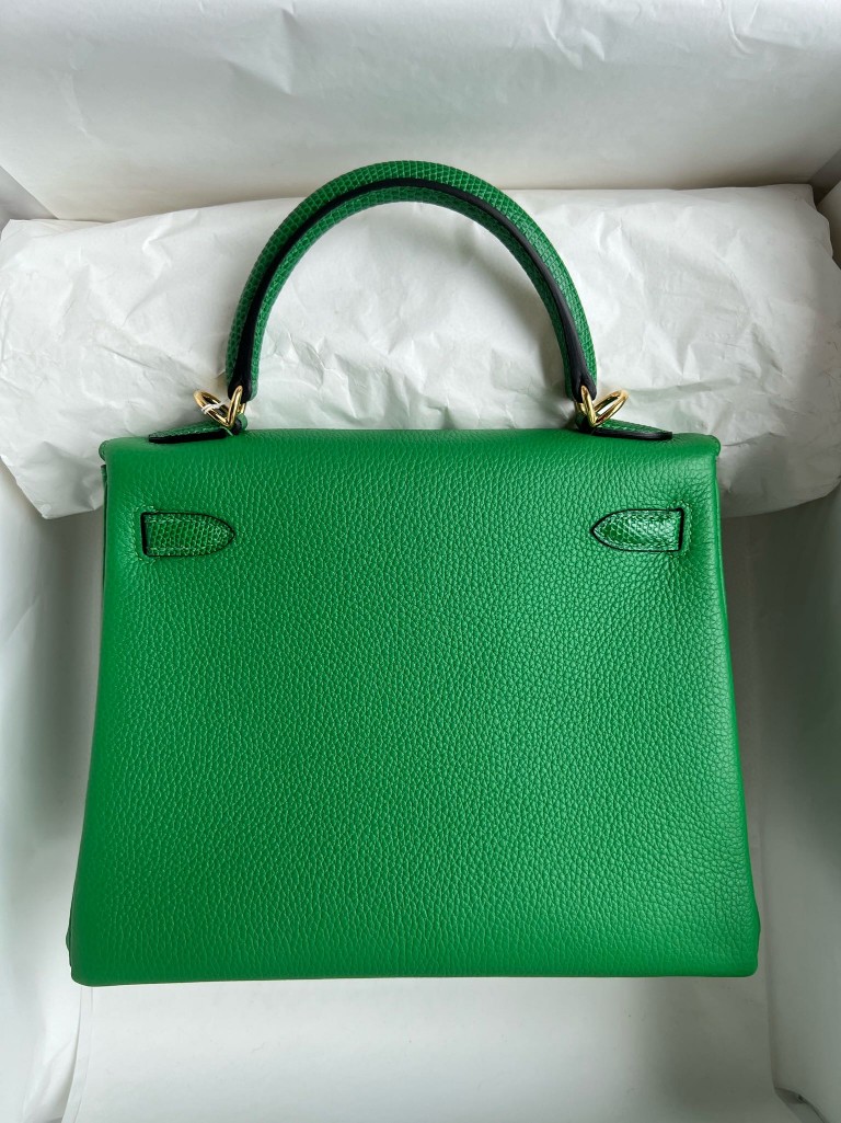 Hermès（爱马仕）Kelly 凯莉包 Touch 系列 竹子绿 Lizard 亮面蜥蜴 金扣 25cm 顶级手缝