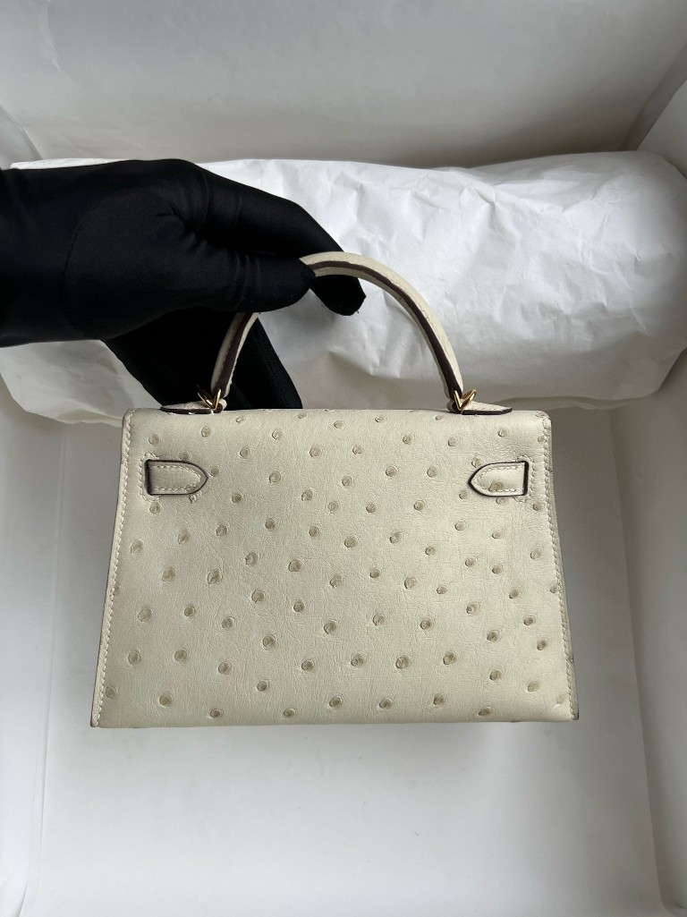 Hermès（爱马仕）Mini kelly ll Ostrich kk 鸵鸟 3C 羊毛白 金扣 19cm 顶级手缝