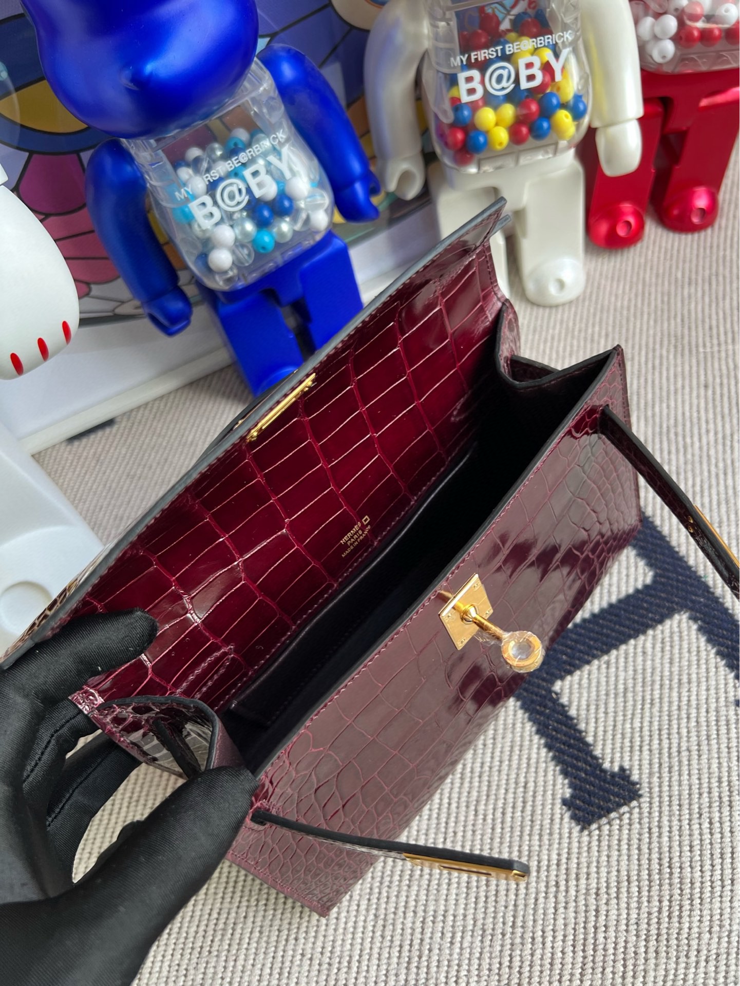 Hermès（爱马仕）Mini pochette Alligator shiny 亮面鳄鱼 波尔多酒红 Bordeaux 金扣 22cm