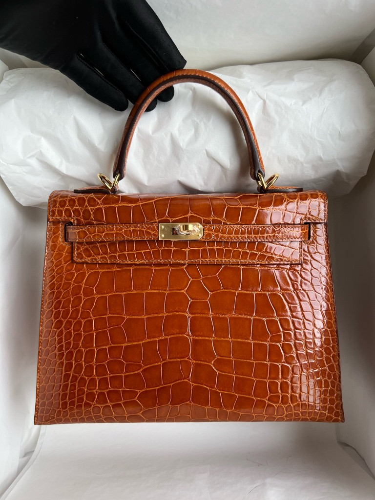 Hermès（爱马仕）Kelly 凯莉包 Alligator shiny 亮面鳄鱼 ck31 蜜糖棕 miel 金扣 25cm 顶级手缝