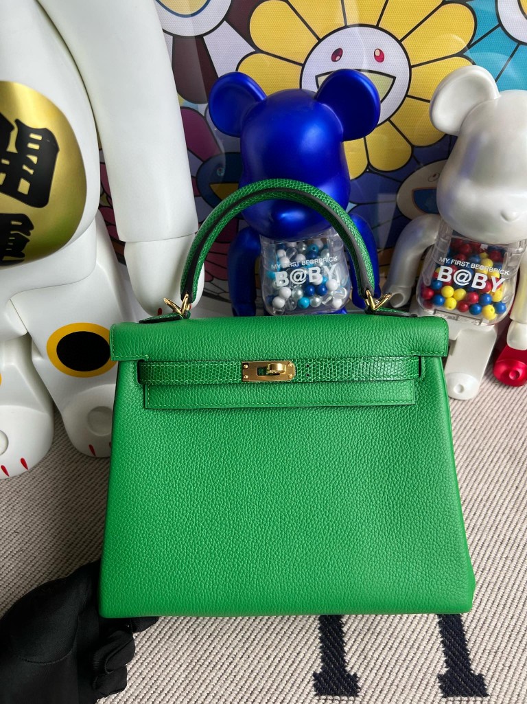 Hermès（爱马仕）Kelly 凯莉包 Touch 系列 竹子绿 Lizard 亮面蜥蜴 金扣 25cm 顶级手缝