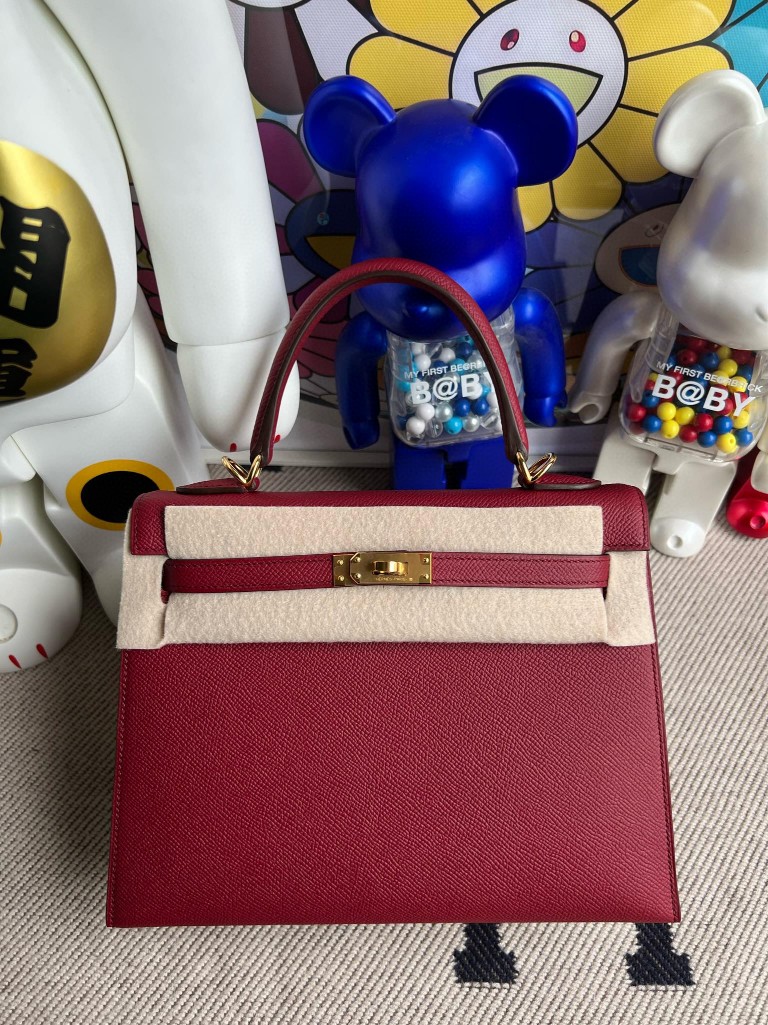 Hermès（爱马仕）kelly 凯莉包 原厂掌纹皮 Epsom k1 石榴红 Rouge grenat 金扣 25cm 顶级手缝