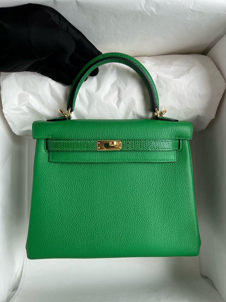 Hermès（爱马仕）Kelly 凯莉包 Touch 系列 竹子绿 Lizard 亮面蜥蜴 金扣 25cm 顶级手缝