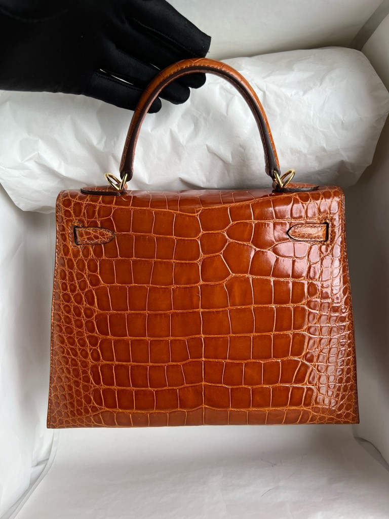 Hermès（爱马仕）Kelly 凯莉包 Alligator shiny 亮面鳄鱼 ck31 蜜糖棕 miel 金扣 25cm 顶级手缝