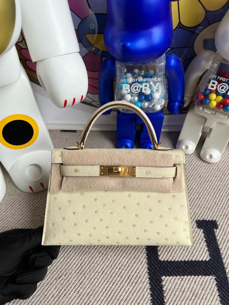 Hermès（爱马仕）Mini kelly ll Ostrich kk 鸵鸟 3C 羊毛白 金扣 19cm 顶级手缝