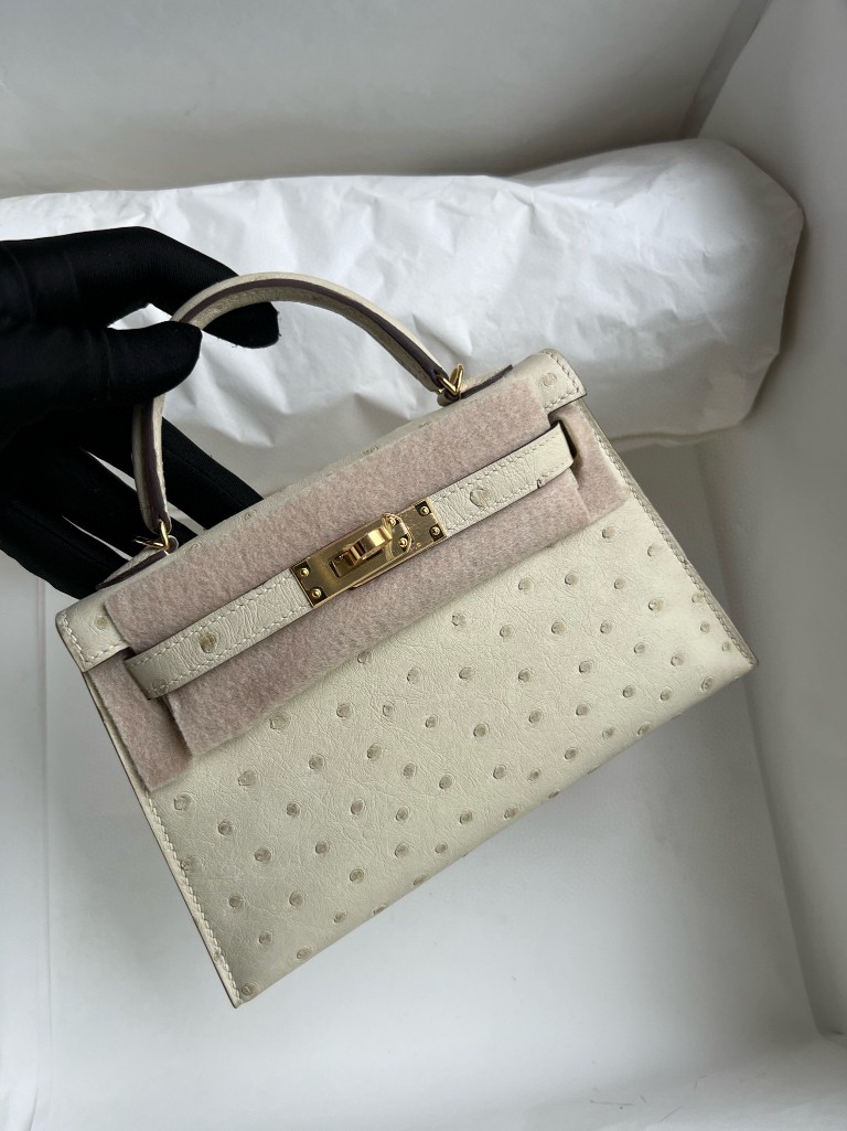 Hermès（爱马仕）Mini kelly ll Ostrich kk 鸵鸟 3C 羊毛白 金扣 19cm 顶级手缝