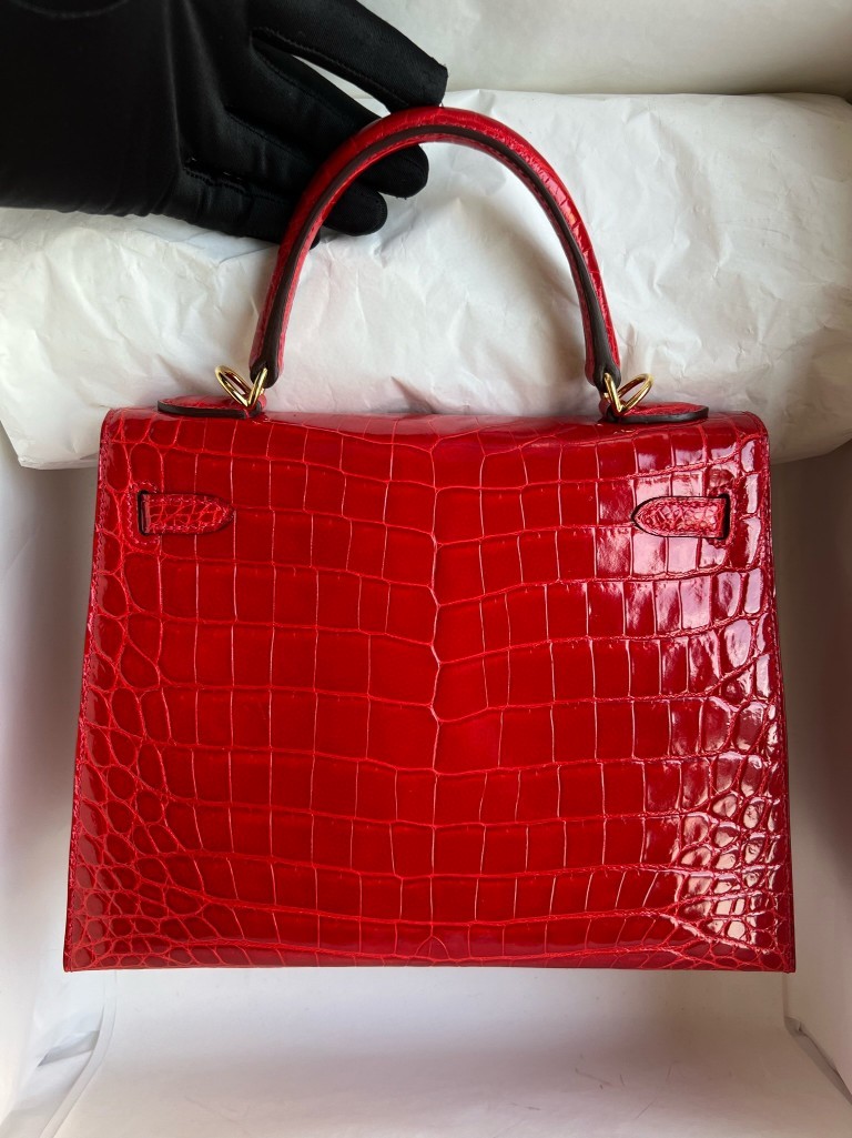 Hermès（爱马仕）Kelly 凯莉包 Crocodile shiny 亮面鳄鱼 ck95 法拉利红 Braise 金扣 25cm 顶级手缝
