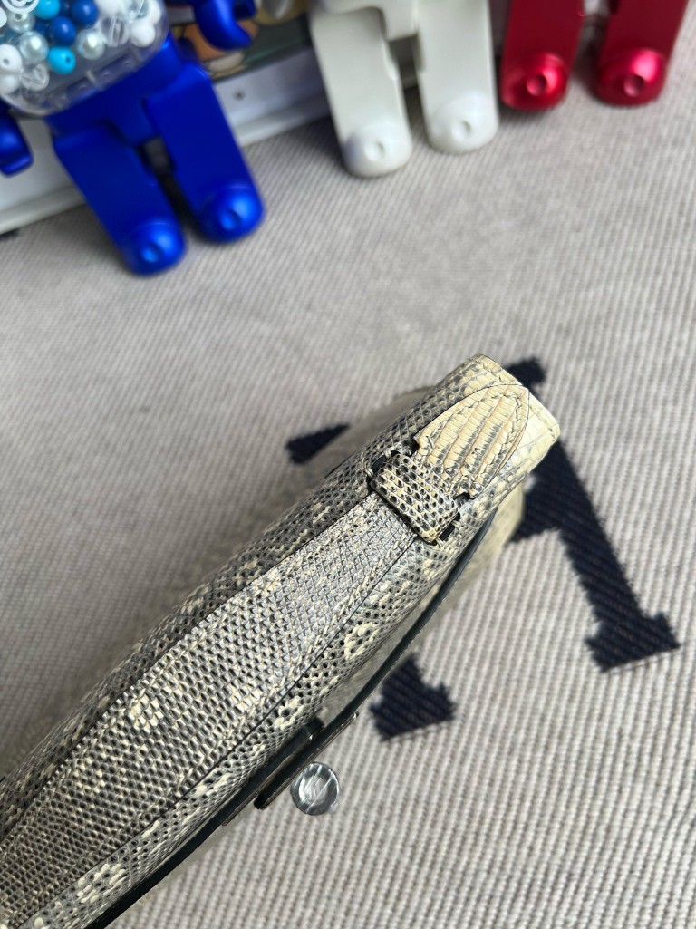 Hermès（爱马仕）Mini pochette Lizard 进口亮面蜥蜴 原色 小喜马拉雅色 银扣 22cm 顶级手缝 手拿包 晚宴包