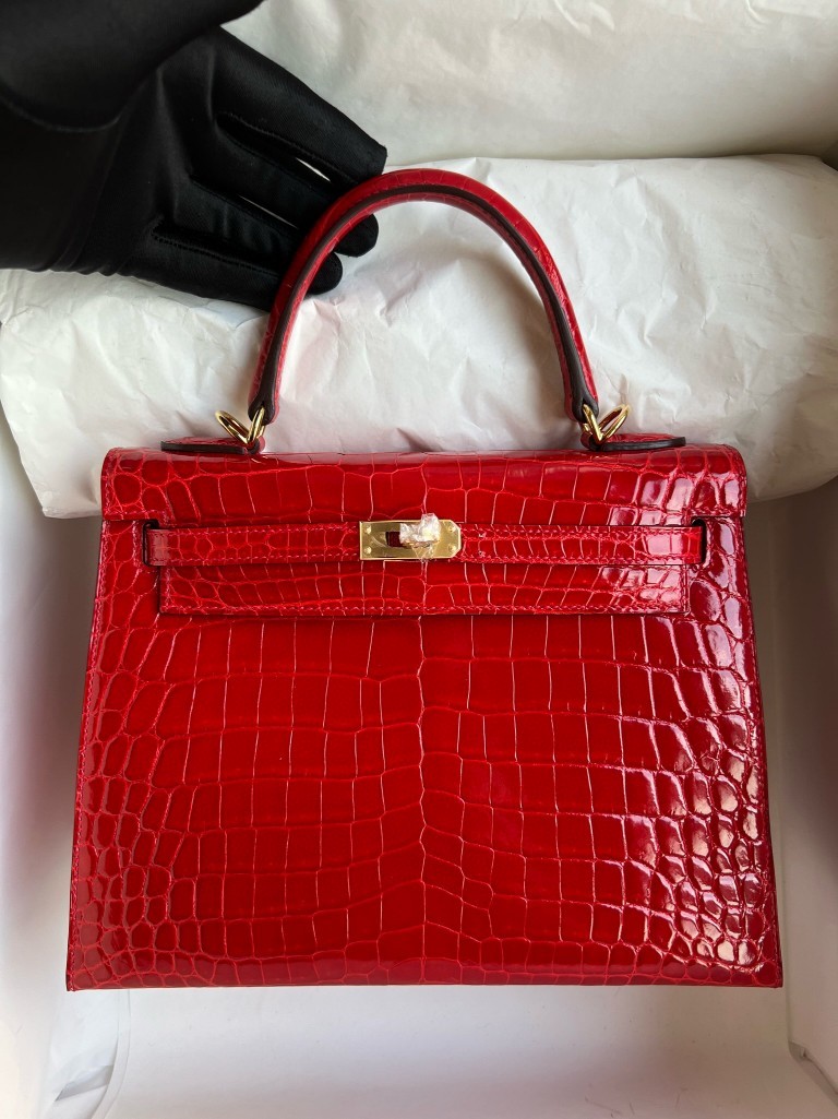 Hermès（爱马仕）Kelly 凯莉包 Crocodile shiny 亮面鳄鱼 ck95 法拉利红 Braise 金扣 25cm 顶级手缝