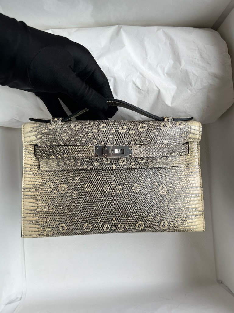 Hermès（爱马仕）Mini pochette Lizard 进口亮面蜥蜴 原色 小喜马拉雅色 银扣 22cm 顶级手缝 手拿包 晚宴包