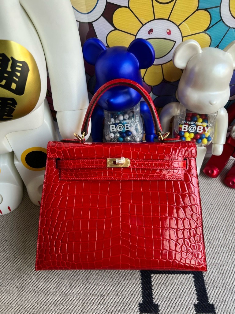 Hermès（爱马仕）Kelly 凯莉包 Crocodile shiny 亮面鳄鱼 ck95 法拉利红 Braise 金扣 25cm 顶级手缝