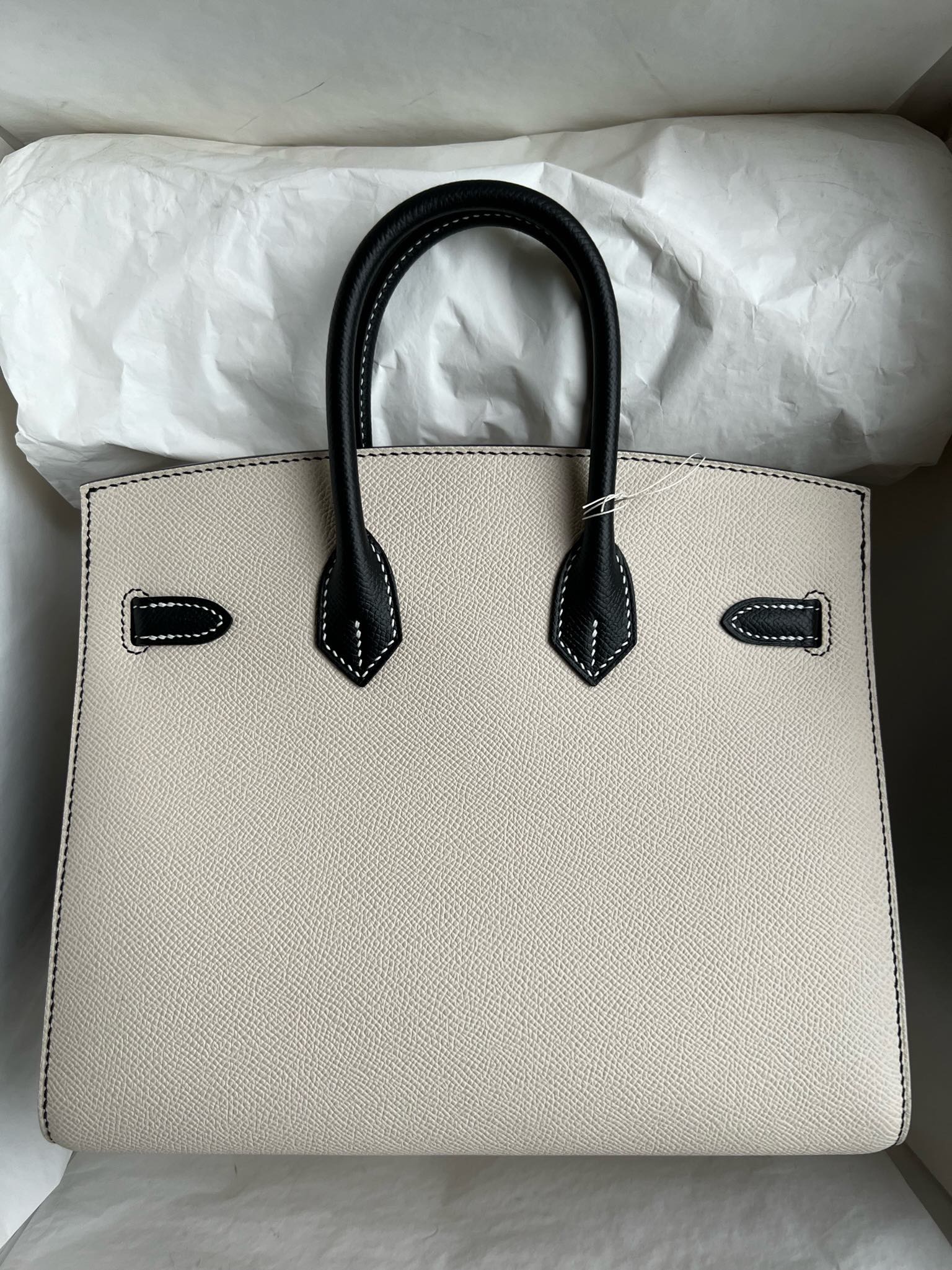 Hermès（爱马仕）Birkin 铂金包 sellier 外粉 epsom 原厂掌纹皮 奶昔白 拼 黑色 25cm 金扣 GHW 马蹄印