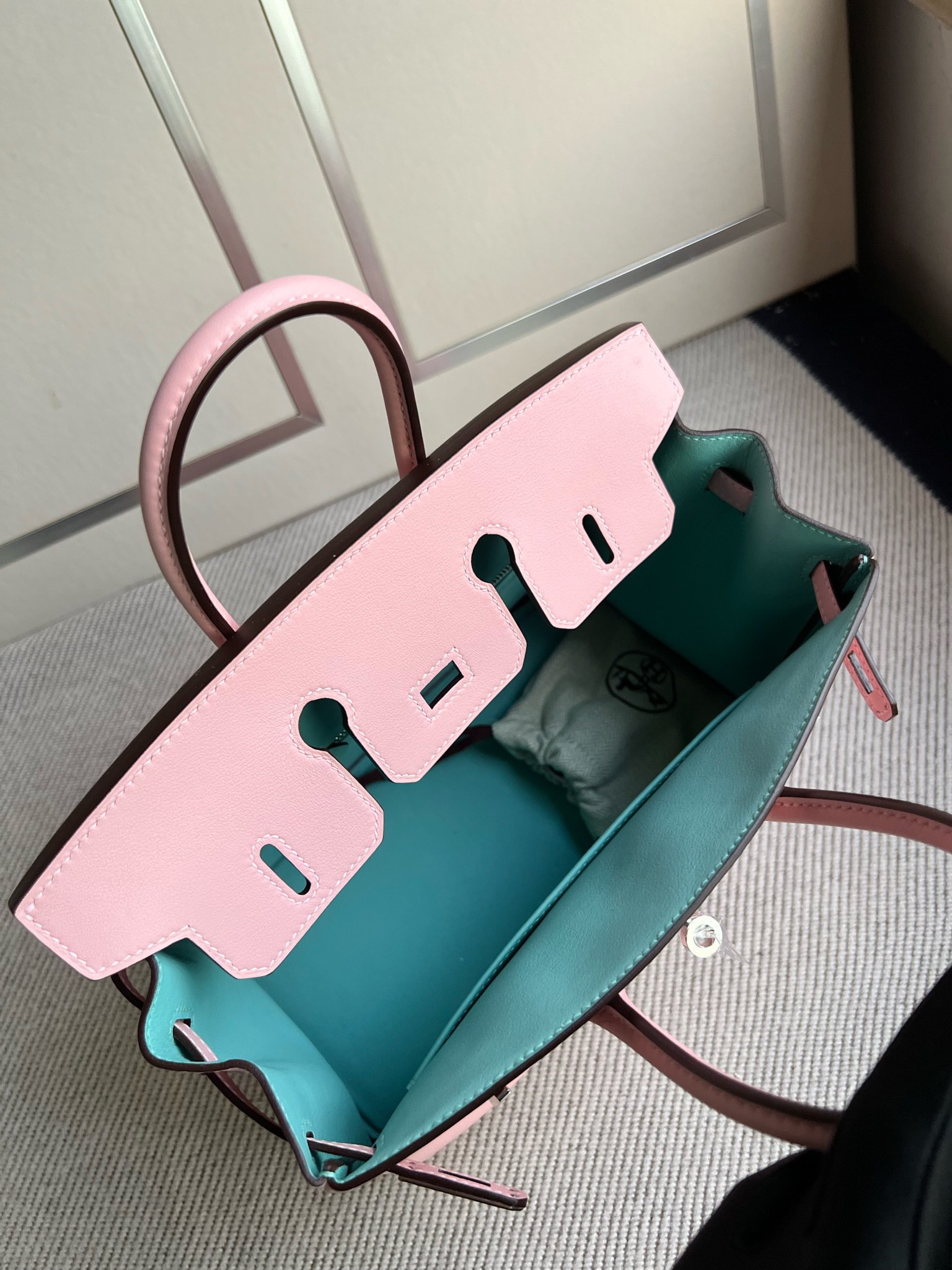 Hermès（爱马仕）Birkin 铂金包 Swift 3Q粉 rose sakura 内拼 马卡龙蓝 银扣 PHW 25cm 顶级手缝