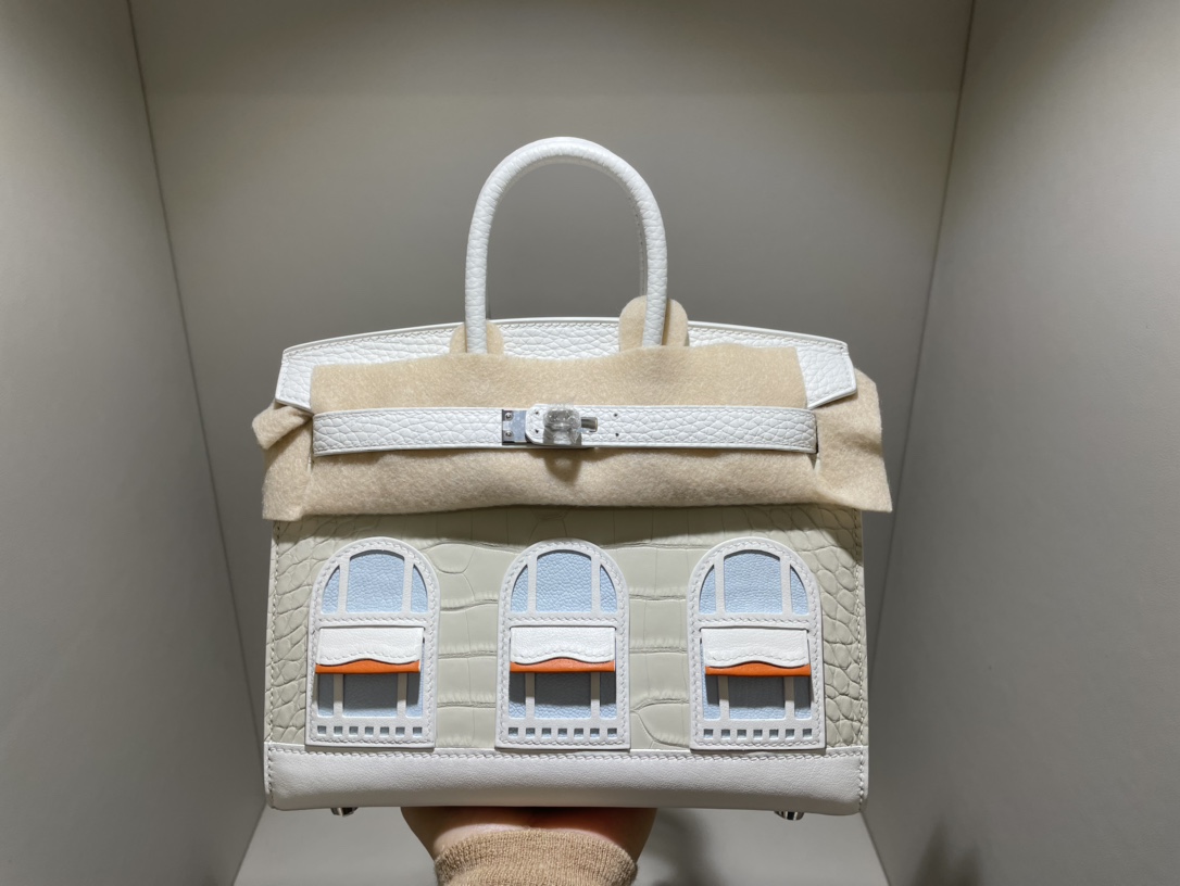 Hermès（爱马仕）Birkin 小房子包 雾面鳄鱼皮 8L 冰川白 拼 01 纯白 外缝 银扣 20cm