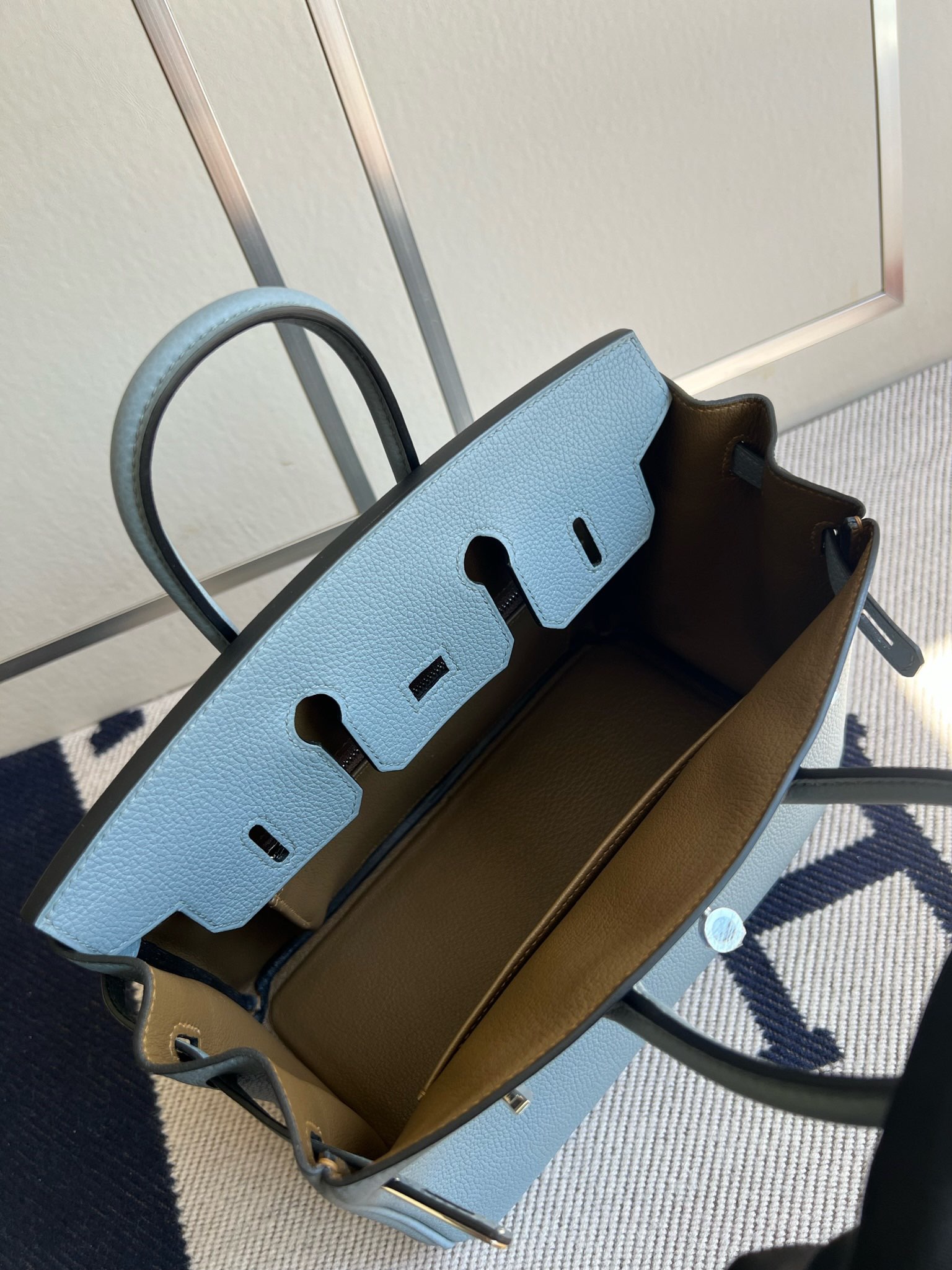 Hermès（爱马仕）Birkin 铂金包 原厂小牛皮 togo J7 亚麻蓝 内拼 威玛犬米色 银扣 PHW 马蹄印 25cm