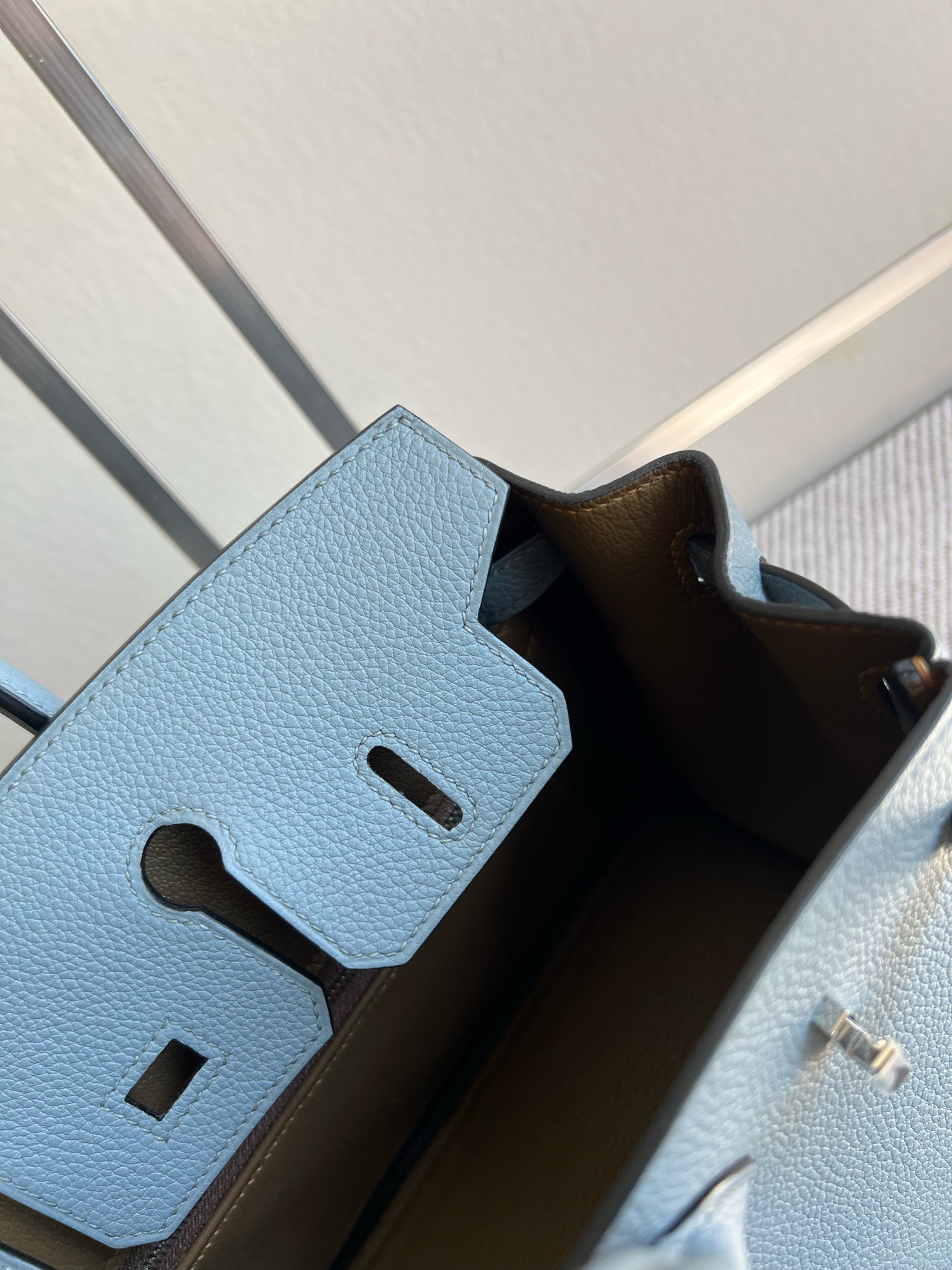 Hermès（爱马仕）Birkin 铂金包 原厂小牛皮 togo J7 亚麻蓝 内拼 威玛犬米色 银扣 PHW 马蹄印 25cm