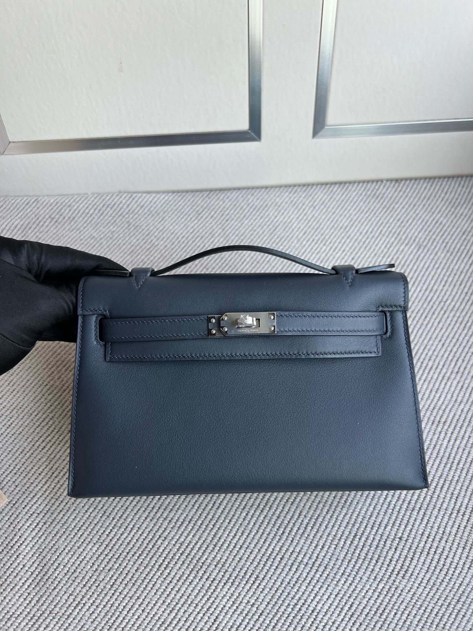 Hermès（爱马仕）Mini pochette Swift 深海蓝 blue indigo 银扣 PHW 22cm 手拿包 晚宴包