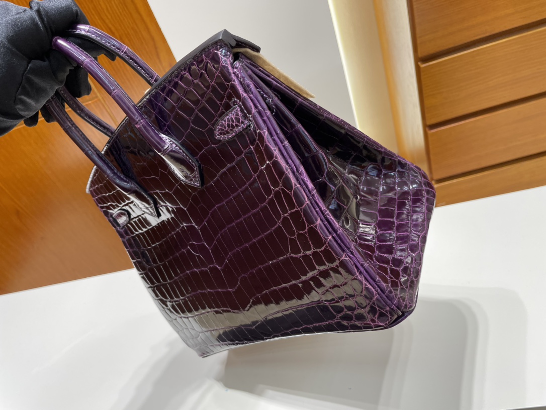 Hermès（爱马仕）Birkin 铂金包 Crocodile shiny 亮面鳄鱼 9G 水晶紫 金扣 GHW 25cm 顶级手缝
