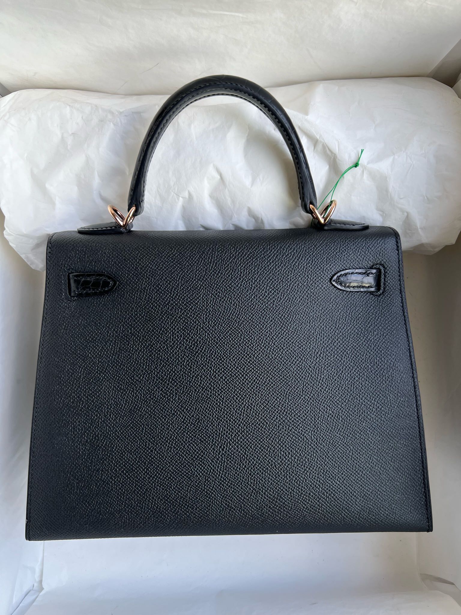 Hermès（爱马仕）Kelly 凯莉包 Touch 系列 Epsom 原厂掌纹皮 拼 亮面鳄鱼 ck89 黑色 Noir 玫瑰金扣 25cm 顶级手缝