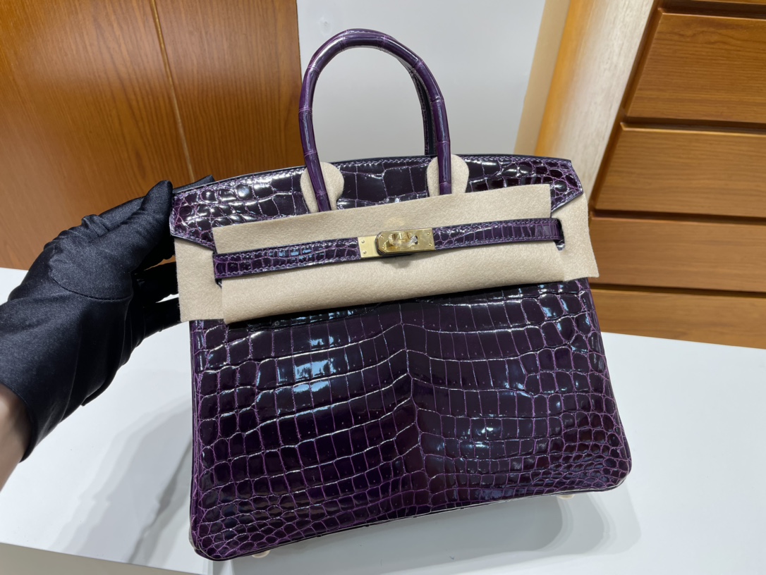 Hermès（爱马仕）Birkin 铂金包 Crocodile shiny 亮面鳄鱼 9G 水晶紫 金扣 GHW 25cm 顶级手缝