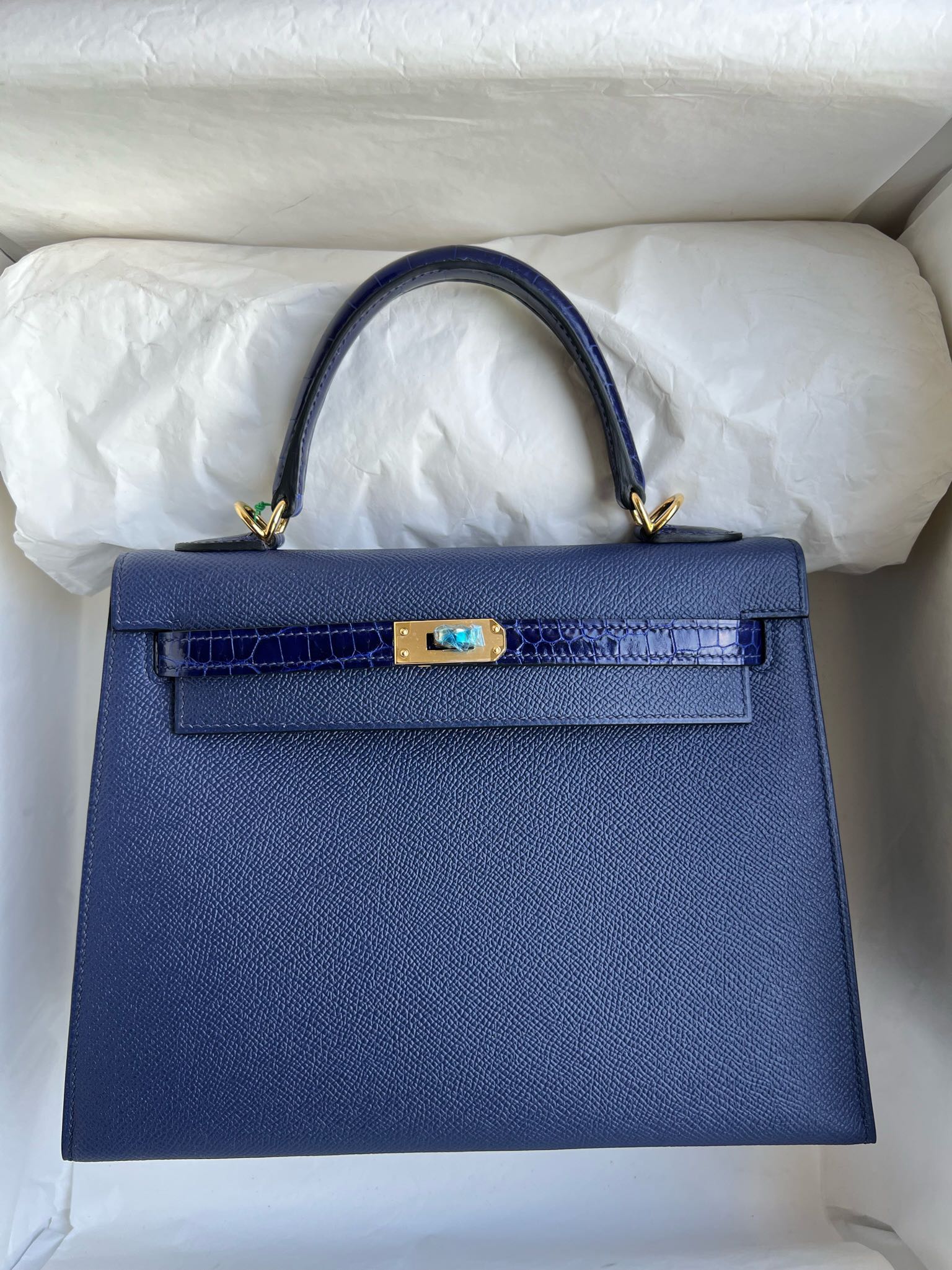 Hermès（爱马仕）Kelly 凯莉包 Touch 系列 Epsom 原厂掌纹皮 拼 亮面鳄鱼 宝石蓝 金扣 25cm 顶级手缝